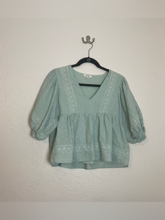 In Bloom Tops - In Loom 100% Cotton Sage Green Swiss Dot Lace Trim Babydoll Blouse Size M